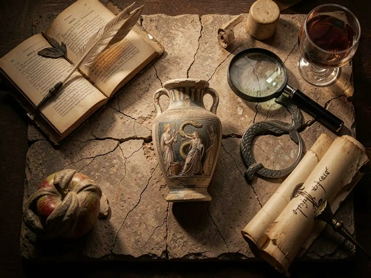 A Greek vase, serpent symbol, magnifying glass, and ancient scroll, symbolizing the exploration of ancient sex myths and their surprising truths.