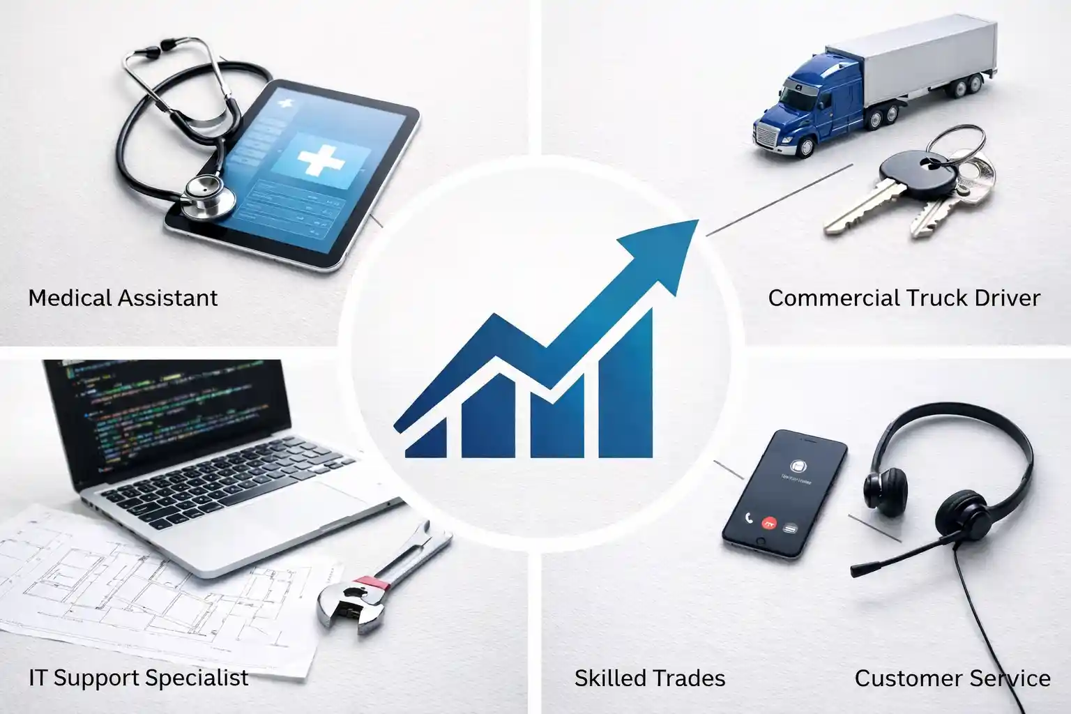 A collage of a stethoscope, model truck, laptop, hammer, and headset, symbolizing the variety of in-demand U.S. careers without a degree.