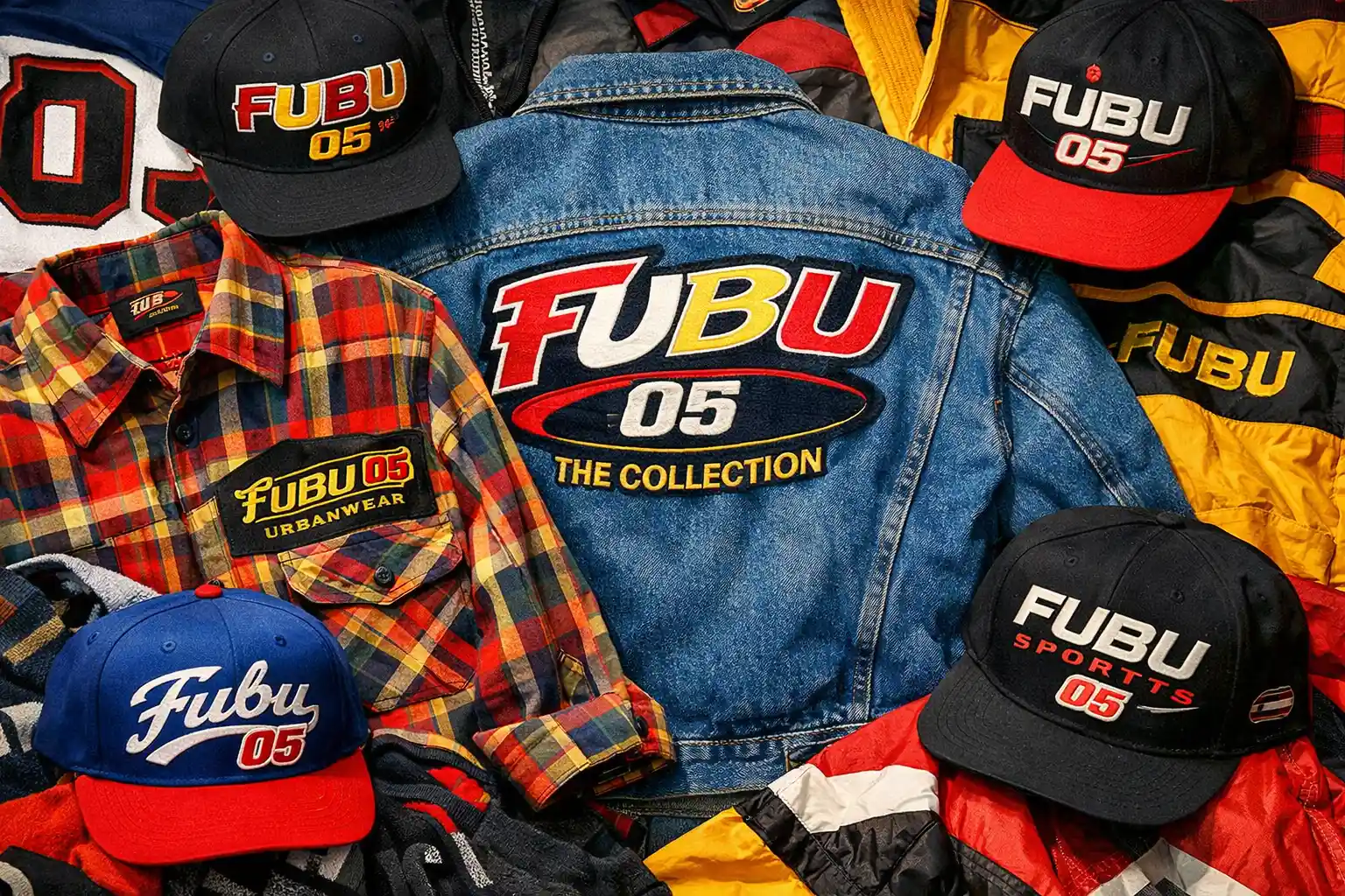 A colorful collage of vintage FUBU clothing pieces including a plaid shirt, a denim jacket with the iconic logo, and snapback hats from the 1990s era.