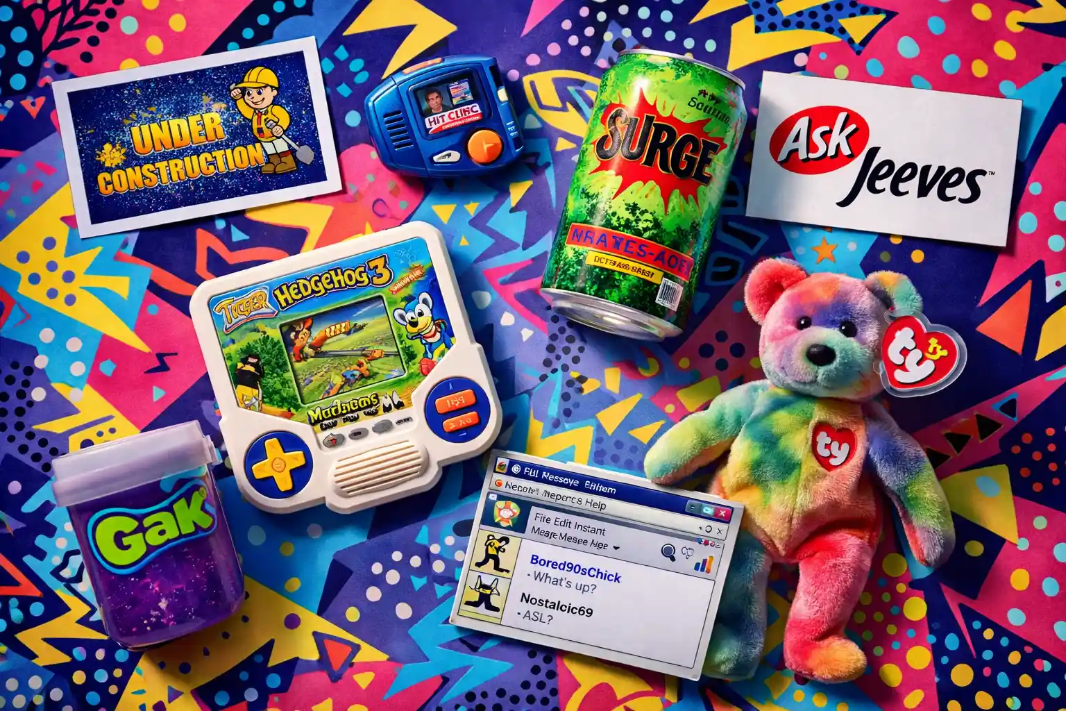 A colorful flat lay of iconic 1990s items, including a Hit Clips player, Beanie Baby, and Surge soda, capturing the decade's nostalgic spirit.
