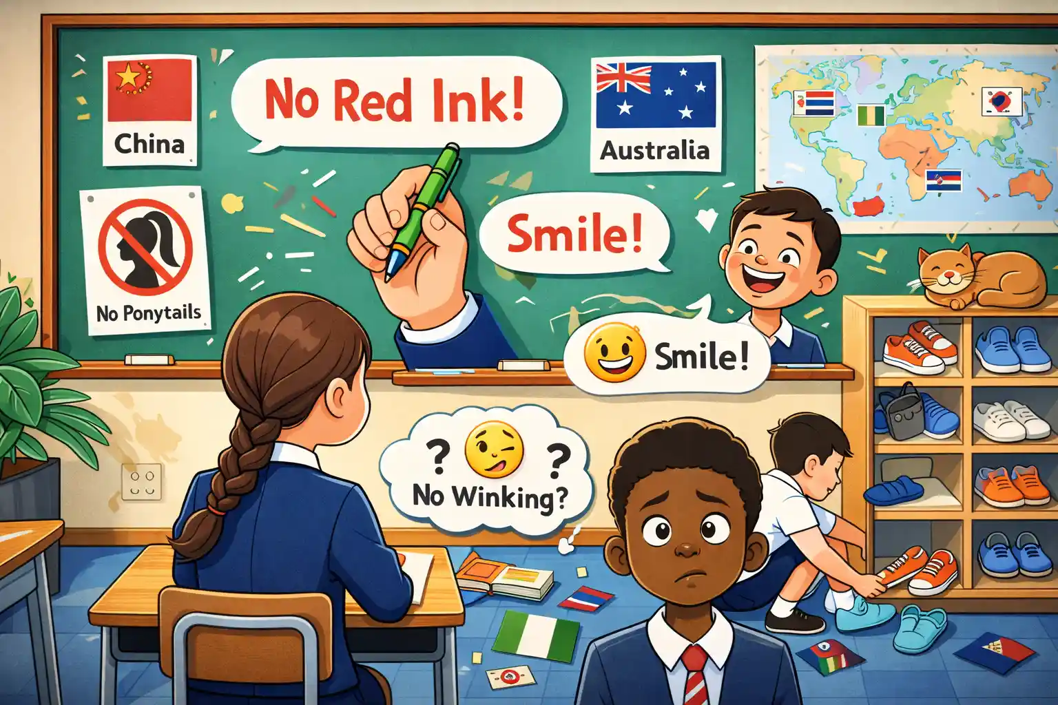 A colorful, cartoonish classroom scene with a student with a low braid, a teacher with a green pen, a smiling student, and indoor shoes, symbolizing strange school rules worldwide.
