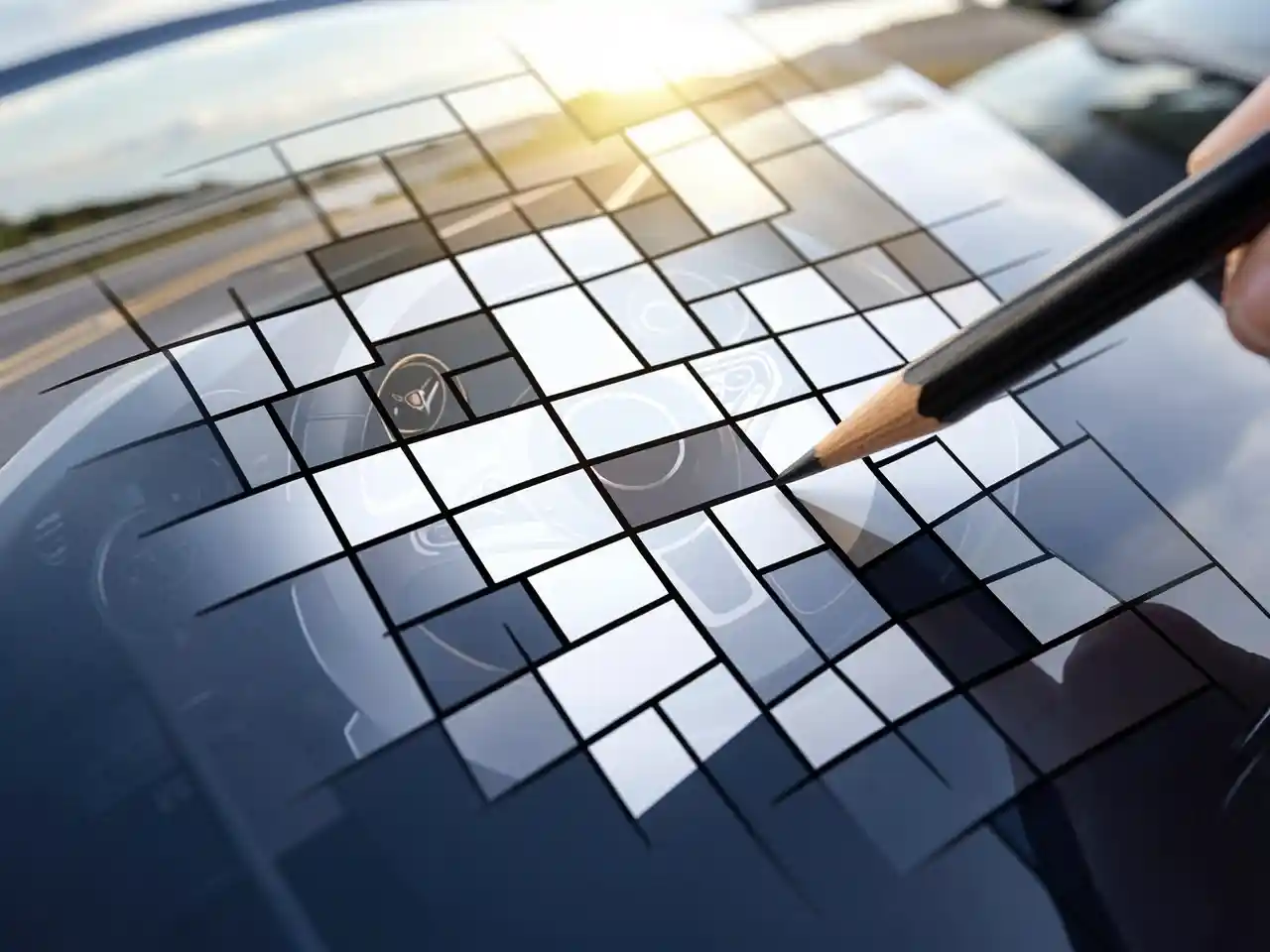 A crossword puzzle grid overlaid on a car hood with an open road background, symbolizing the ultimate challenge for automotive enthusiasts.