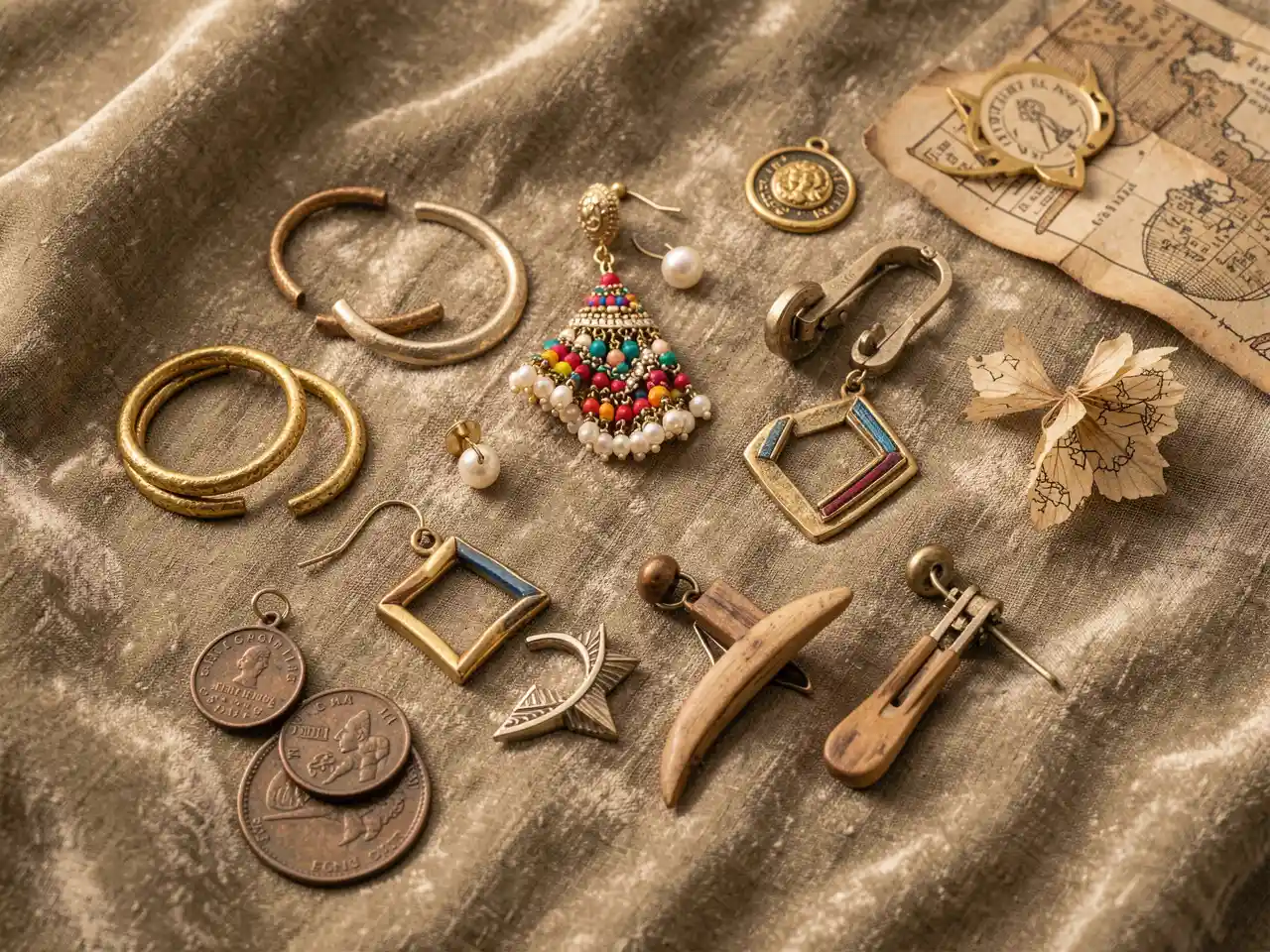 A diverse collection of earrings from different eras and cultures arranged on velvet, symbolizing their rich history, symbolism, and enduring appeal.