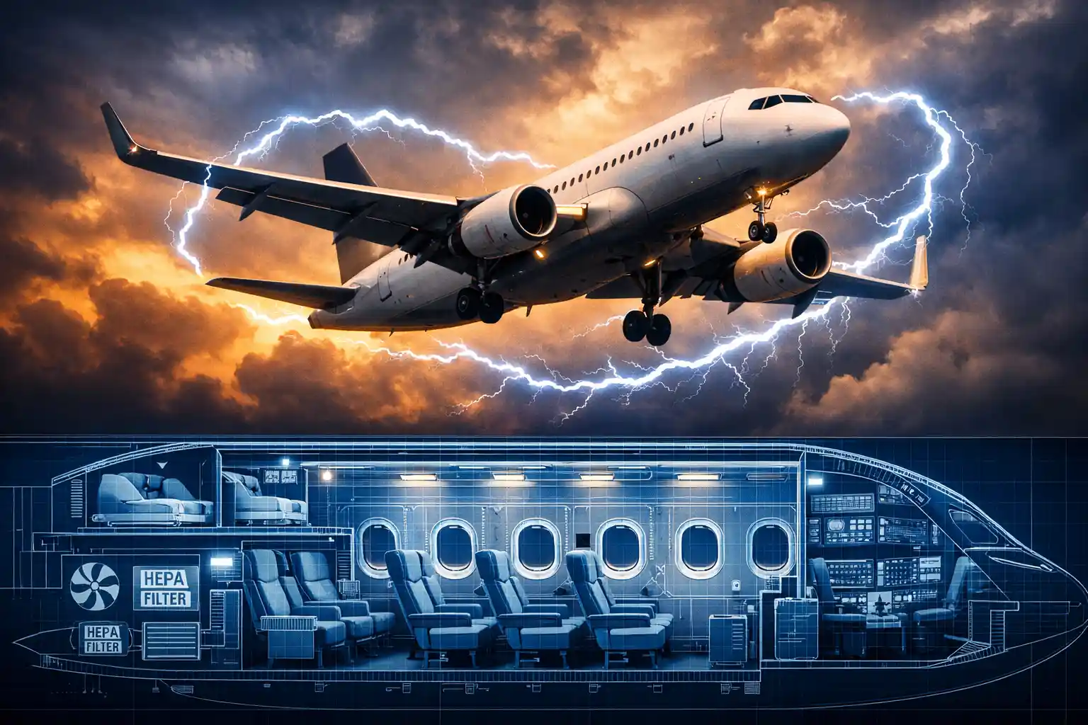 A dramatic image of a plane in flight overlaid with a blueprint revealing hidden features like crew bunks and lightning protection, symbolizing aviation's marvels.