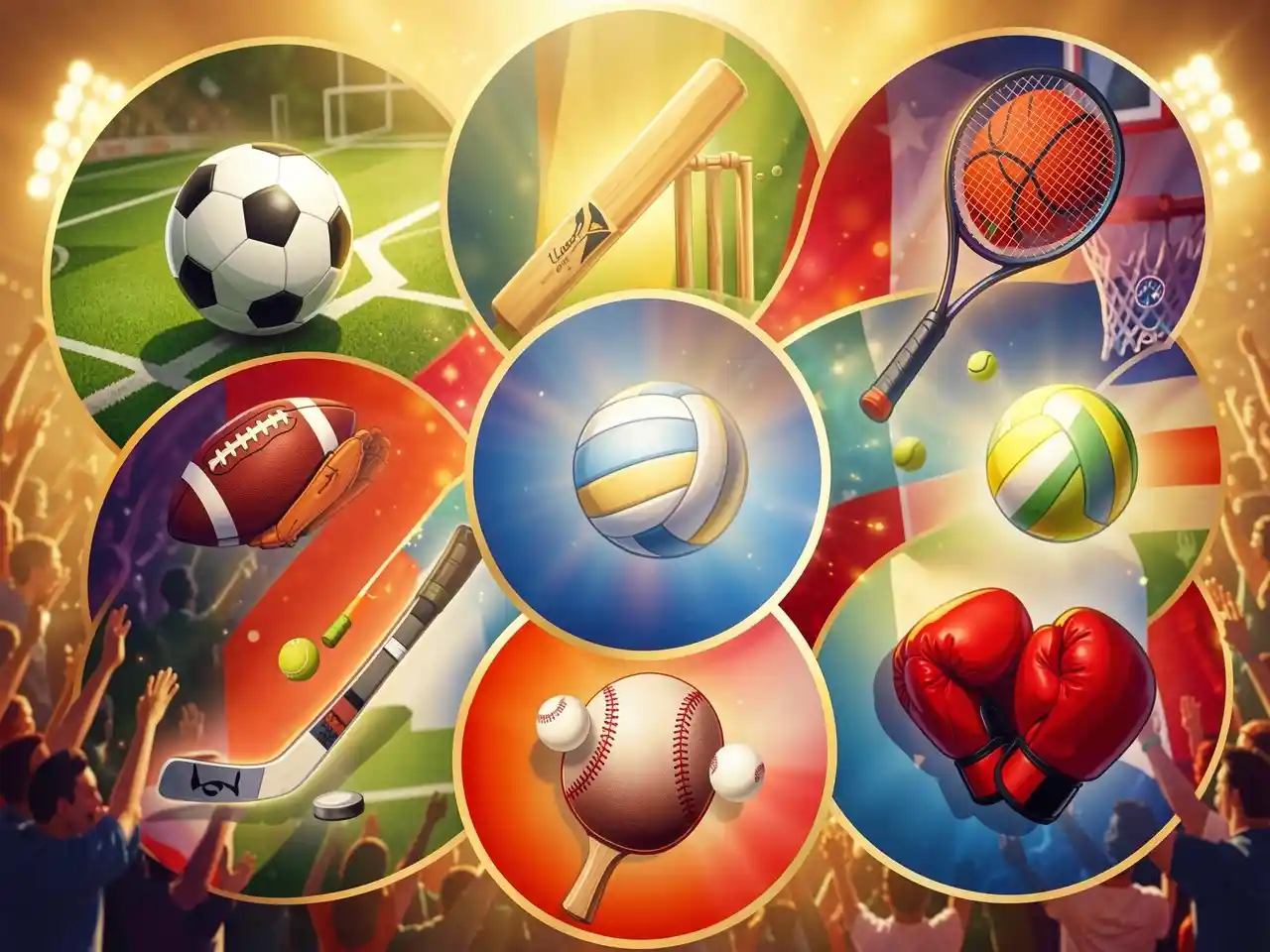 A dynamic collage of symbols for soccer, cricket, basketball, tennis, and more, representing the world's most popular sports and their global fans.