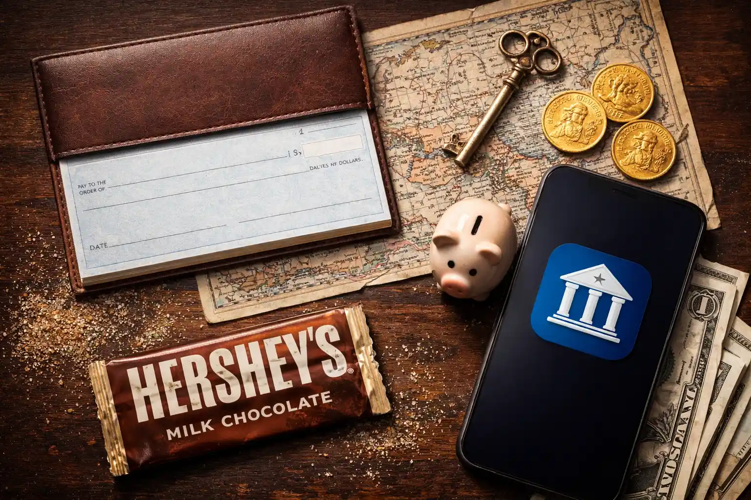 A flat lay with a piggy bank, gold coins, vintage key, chocolate wrapper, and smartphone, symbolizing the surprising history and innovation behind banks.