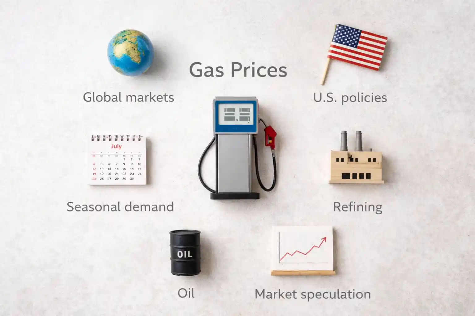 A flat lay with a toy car, world globe, calendar, and oil barrel, symbolizing the complex factors behind fluctuating U.S. gas prices.