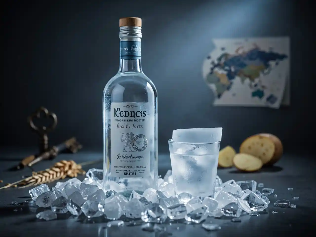 A frosty vodka bottle and glass on ice, with antique key and grains nearby, symbolizing the spirit's pure elegance and rich, hidden history.