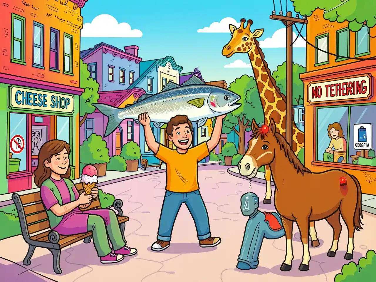 A humorous collage of a person dancing with a fish, a horse with a tail light, and a giraffe by a pole, symbolizing strange U.S. laws.