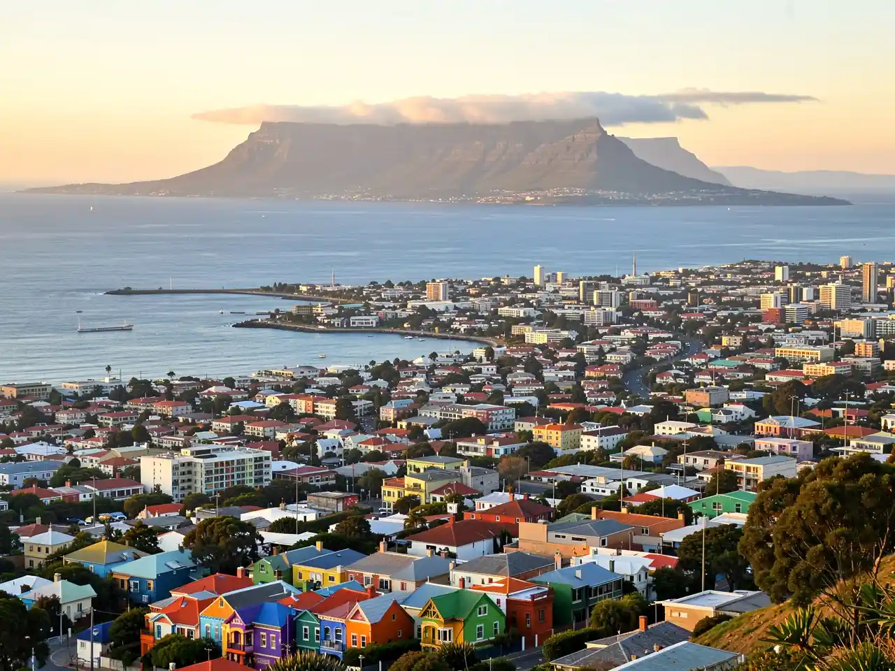 A panoramic view of Cape Town with the colorful Bo-Kaap houses, the city bowl, and the iconic, cloud-topped Table Mountain.