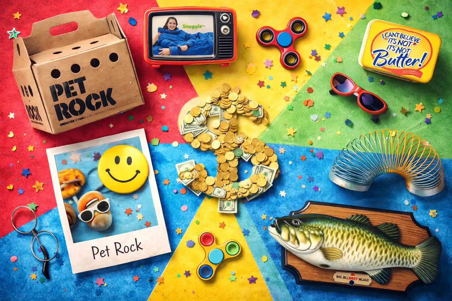 A playful flat lay of a Pet Rock, Snuggie, Doggles, Smiley Face, and Slinky around a pile of cash, symbolizing silly ideas that made millions.