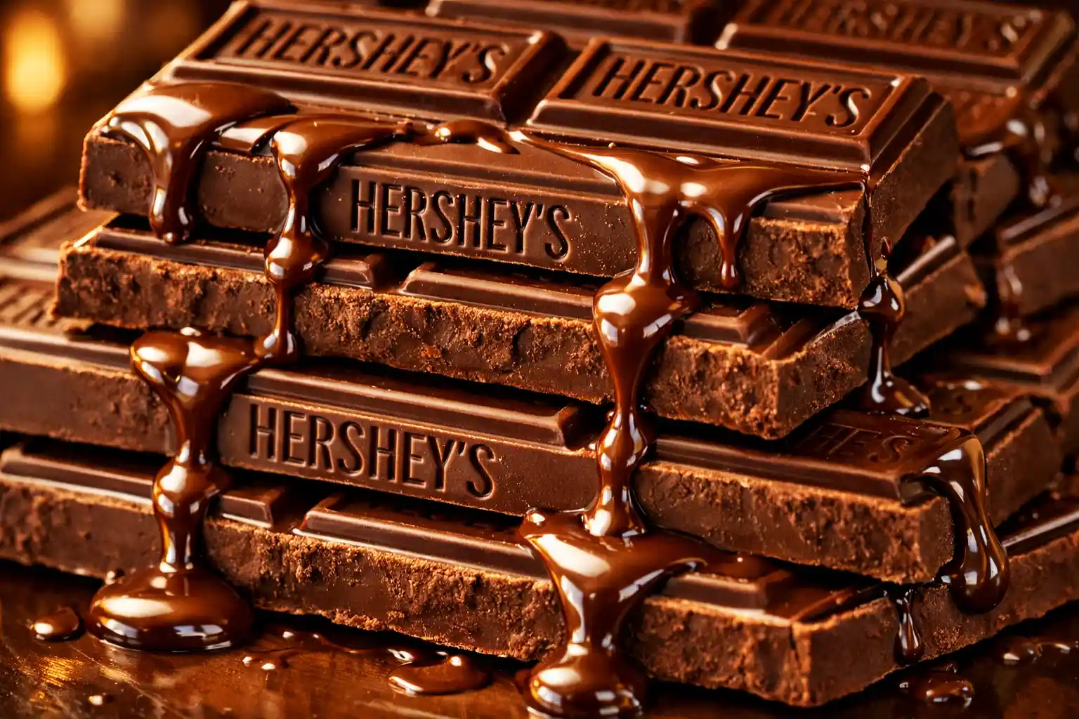 Classic Hershey chocolate bars stacked with rich melted texture