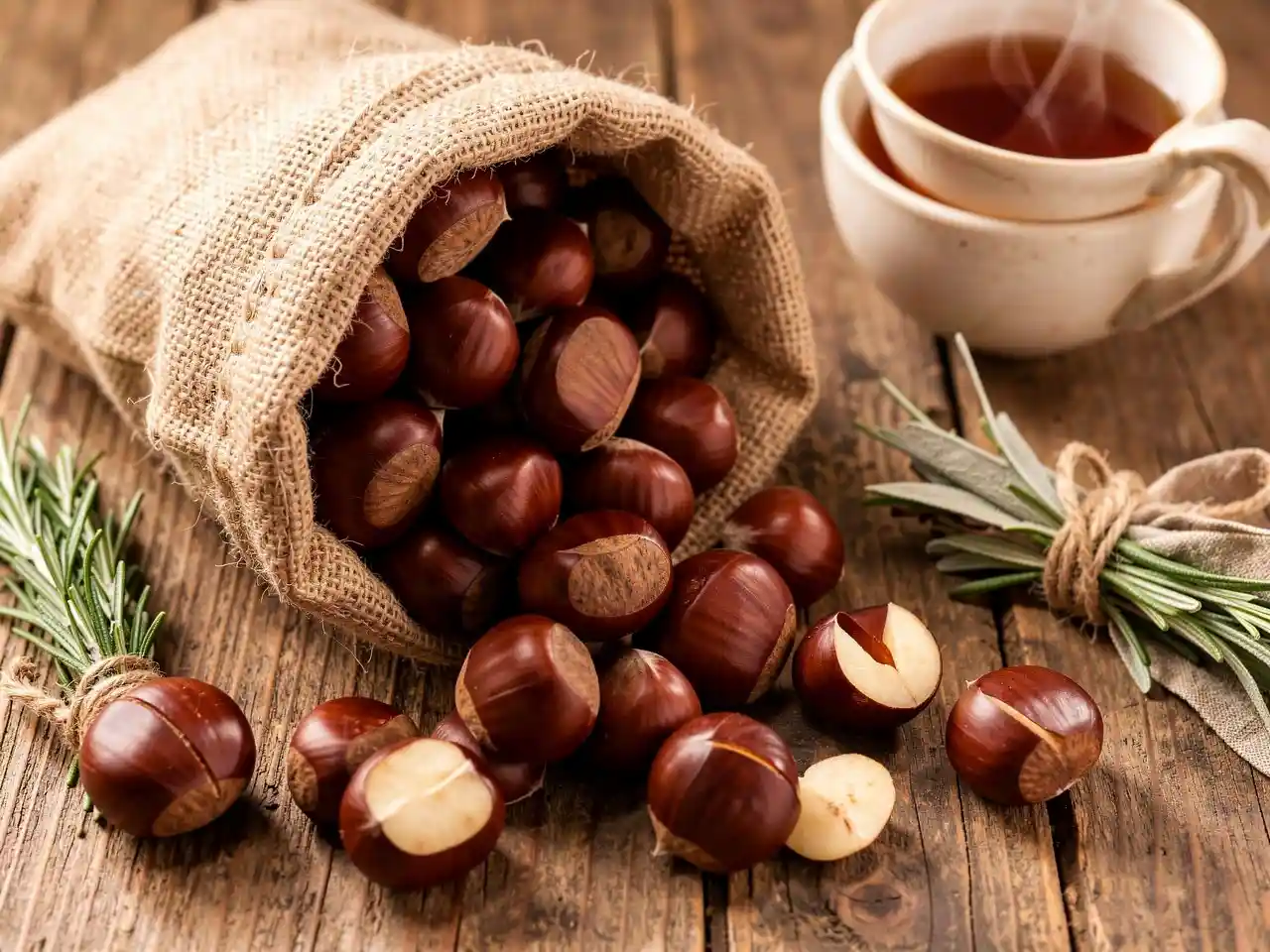 A rustic scene of fresh chestnuts in their shells spilling from a sack, with one cut open to reveal the creamy interior, symbolizing their natural, nourishing qualities.