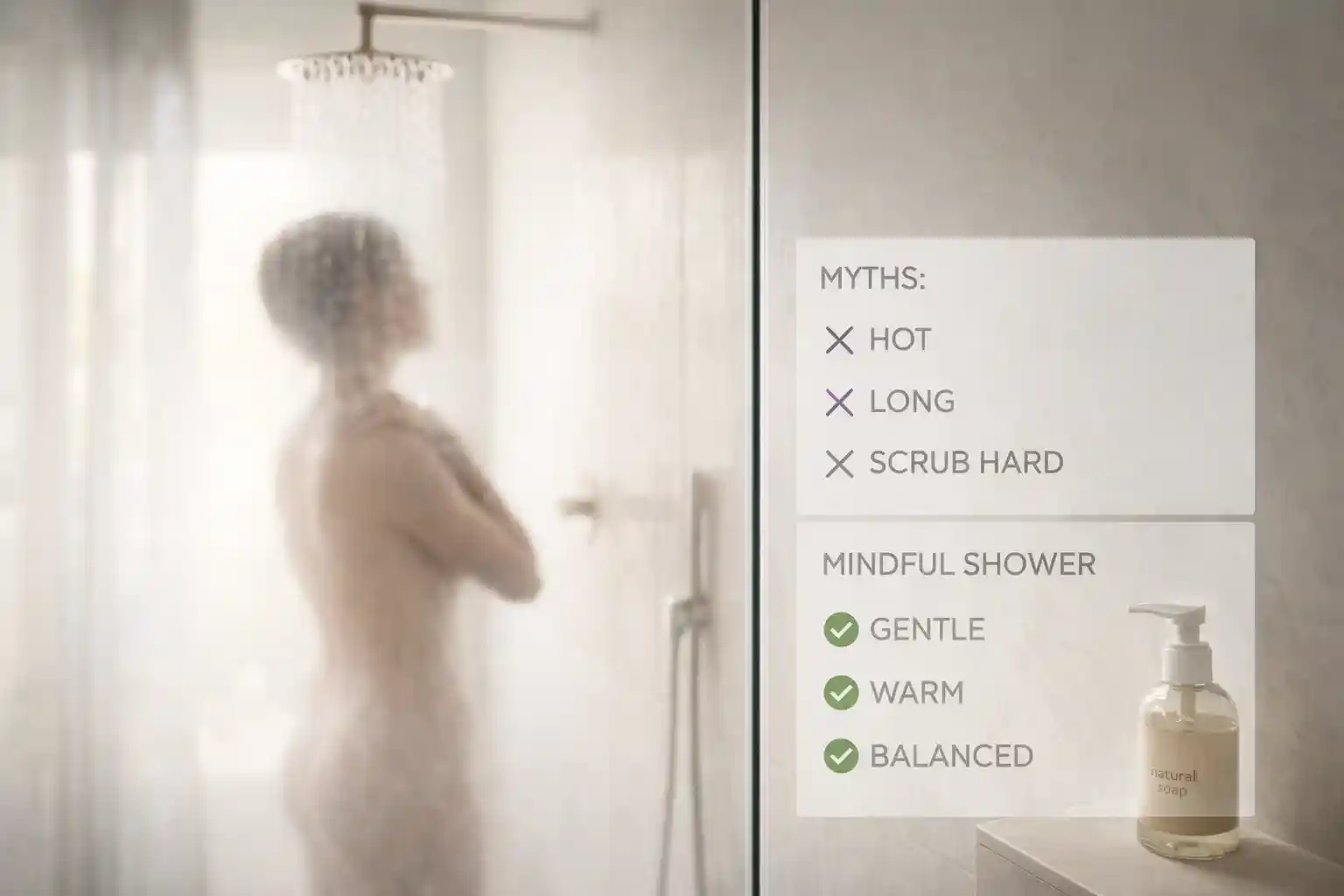 A serene, modern bathroom with a person showering under gentle rainfall, symbolizing the balanced, skin-healthy approach to daily hygiene.