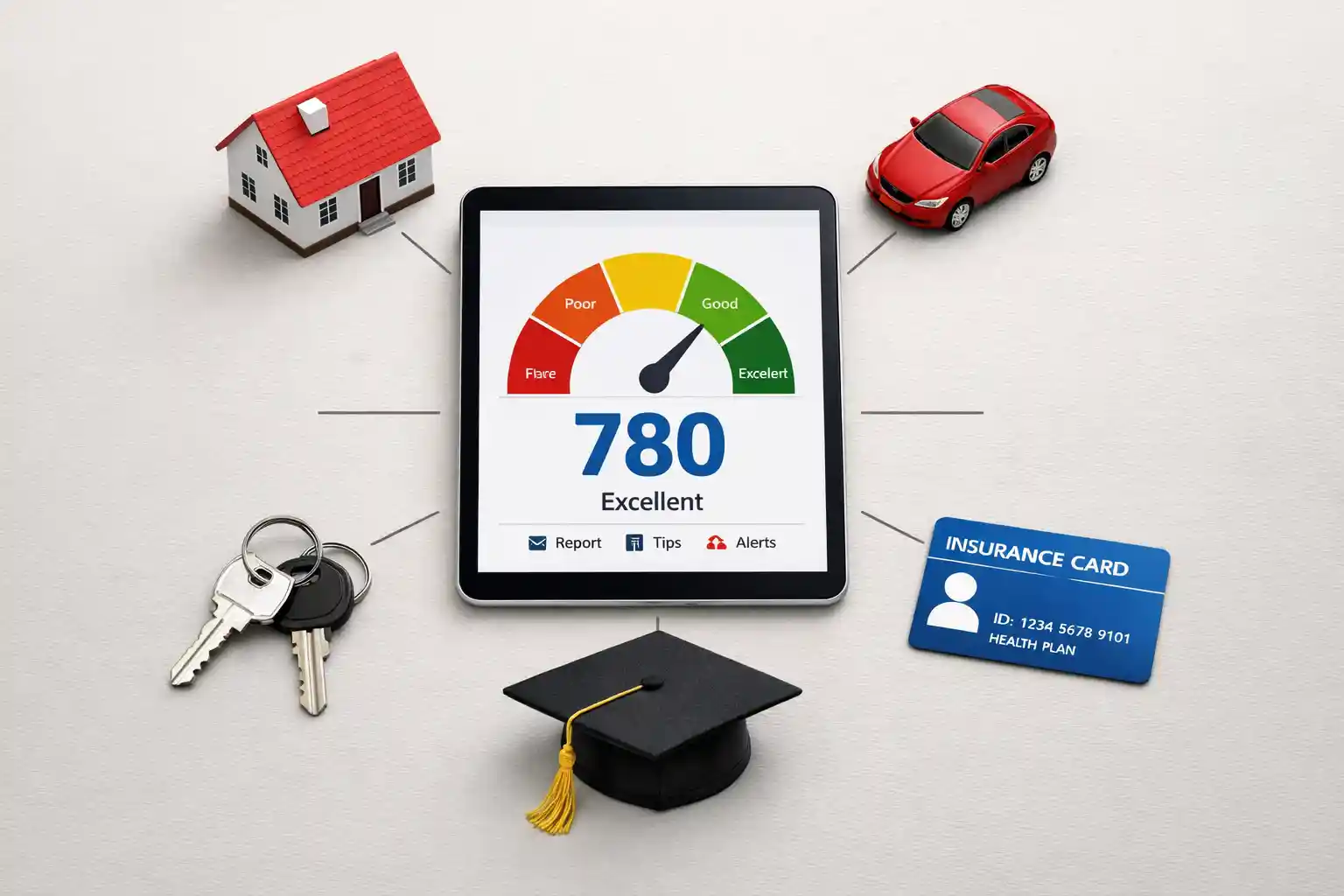 A smartphone displaying a high credit score surrounded by a toy house, car, and graduation cap, symbolizing its role as a gateway to financial opportunities.