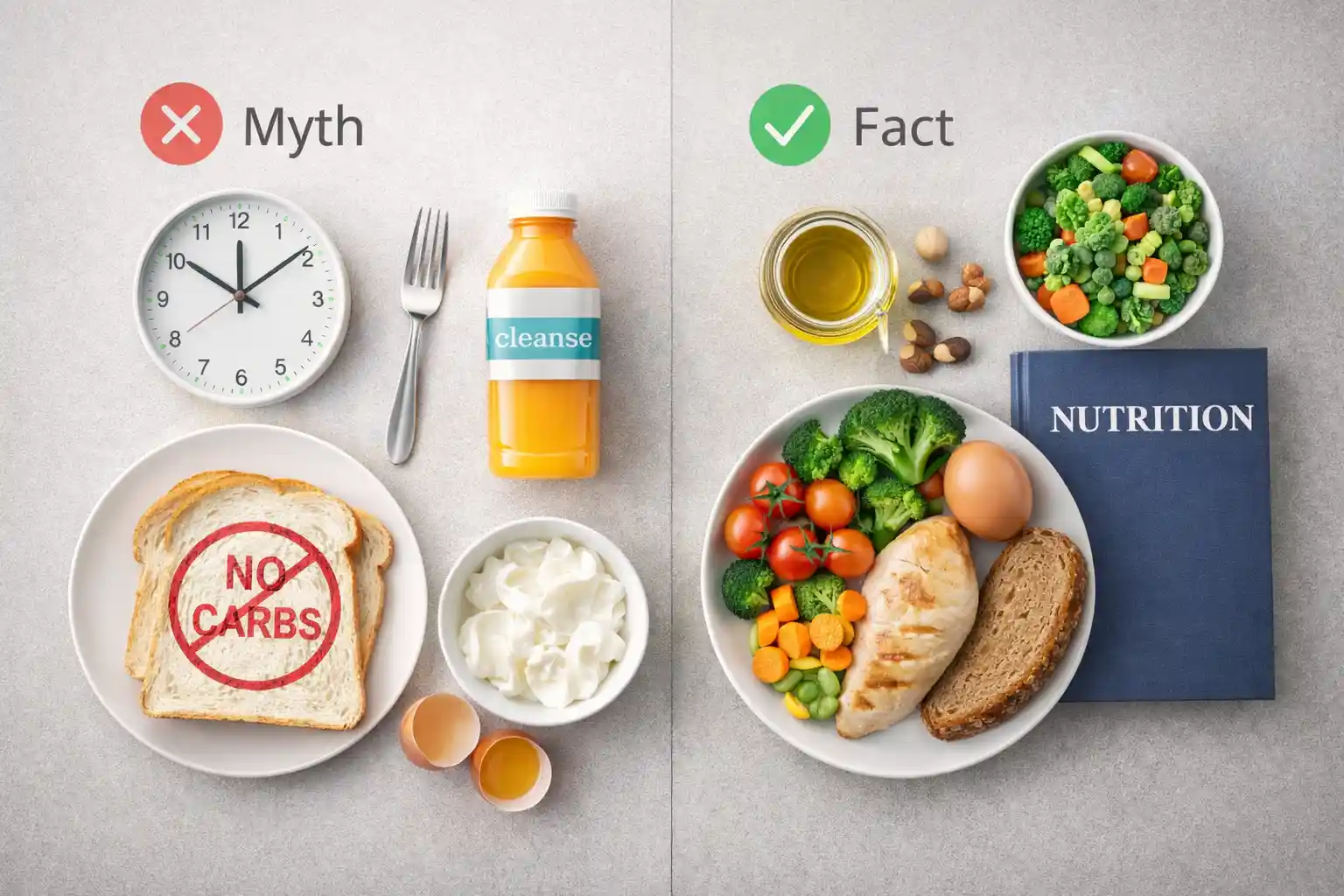 A split flat lay contrasting diet myth symbols with evidence-based foods, symbolizing the debunking of common nutrition lies with science.