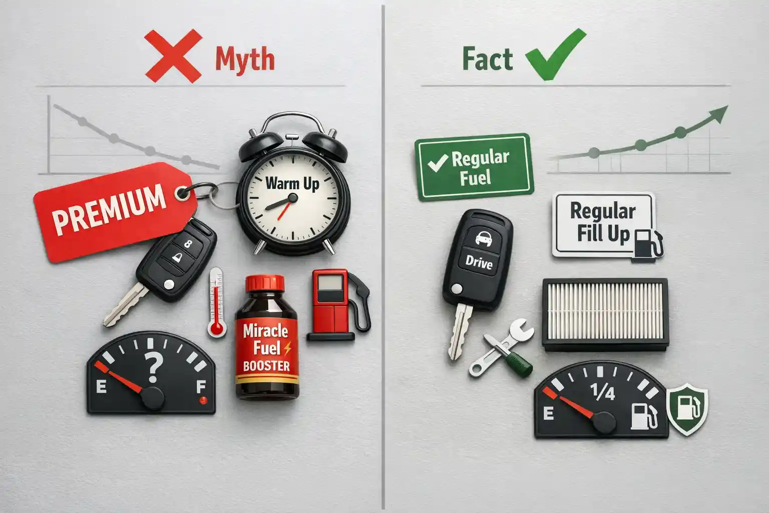 A split flat lay contrasting myth symbols like a "Premium" tag and a warm-up clock with fact icons like a regular fuel checkmark, symbolizing debunked gasoline myths.