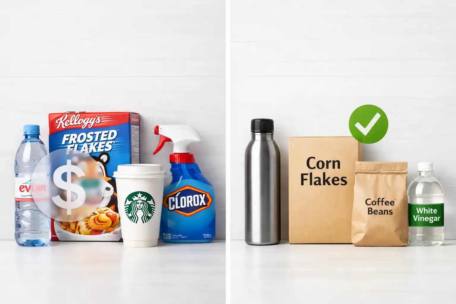 A split flat lay contrasting overpriced brand-name items with their economical alternatives, symbolizing smart shopping and avoiding hidden costs.