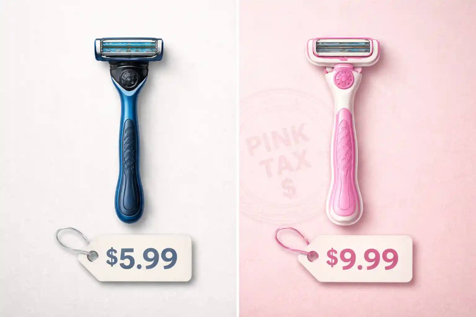 A split-image comparing a men's razor with a lower price tag to a women's razor with a higher price tag, symbolizing the gender pricing gap.