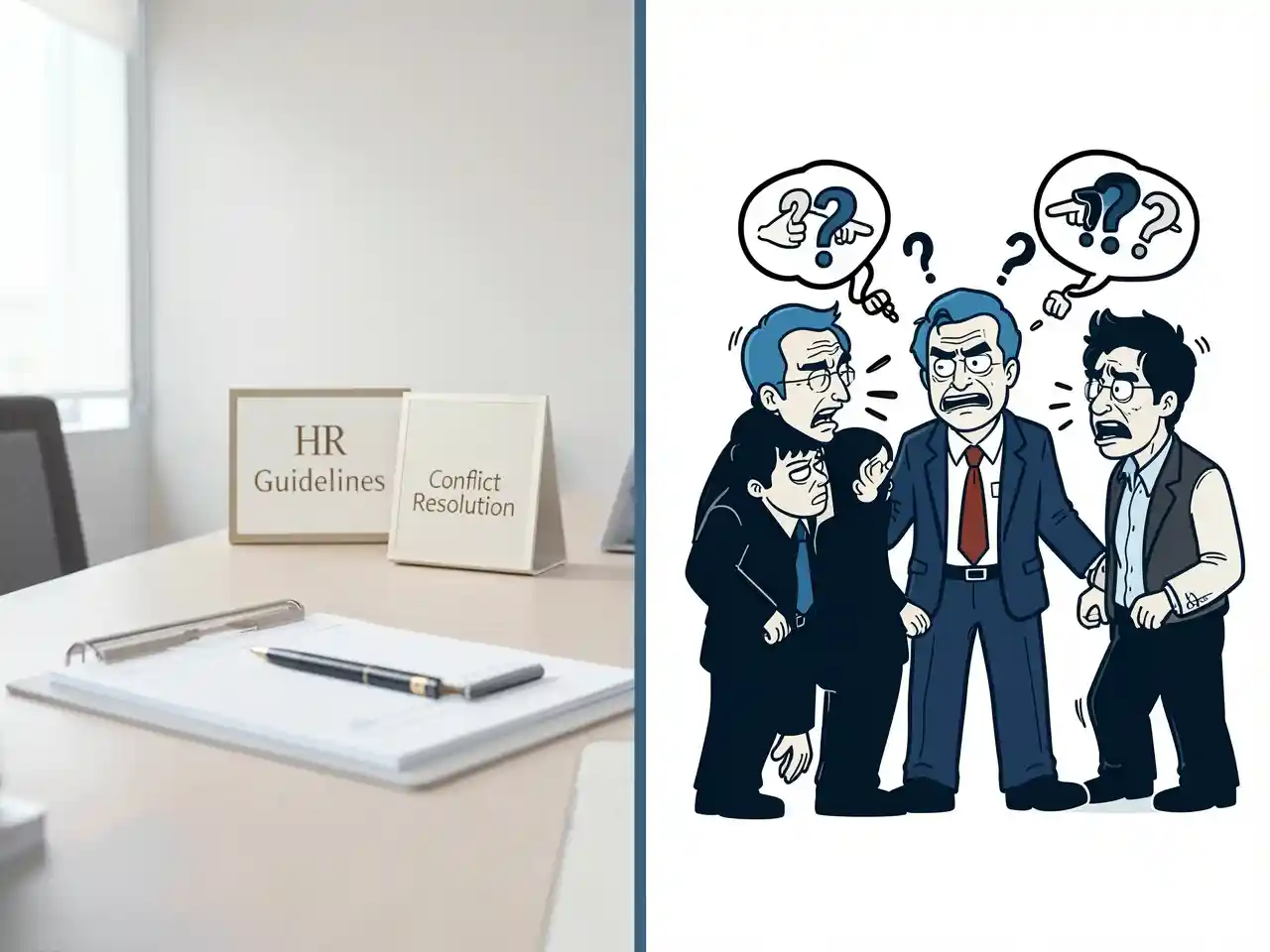 A split-image contrasting a professional HR setting with silhouettes of the Big Bang Theory cast in chaos, symbolizing the challenge of workplace conflict resolution.