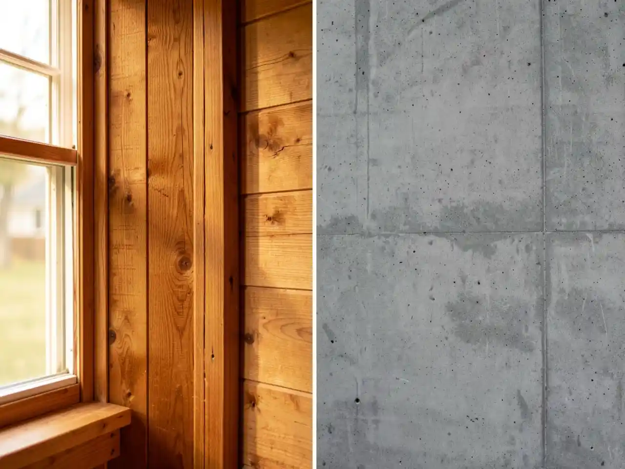 A split-image contrasting a warm, wooden house wall with a stark concrete wall, symbolizing the cultural and practical preference for wood in U.S. homes.