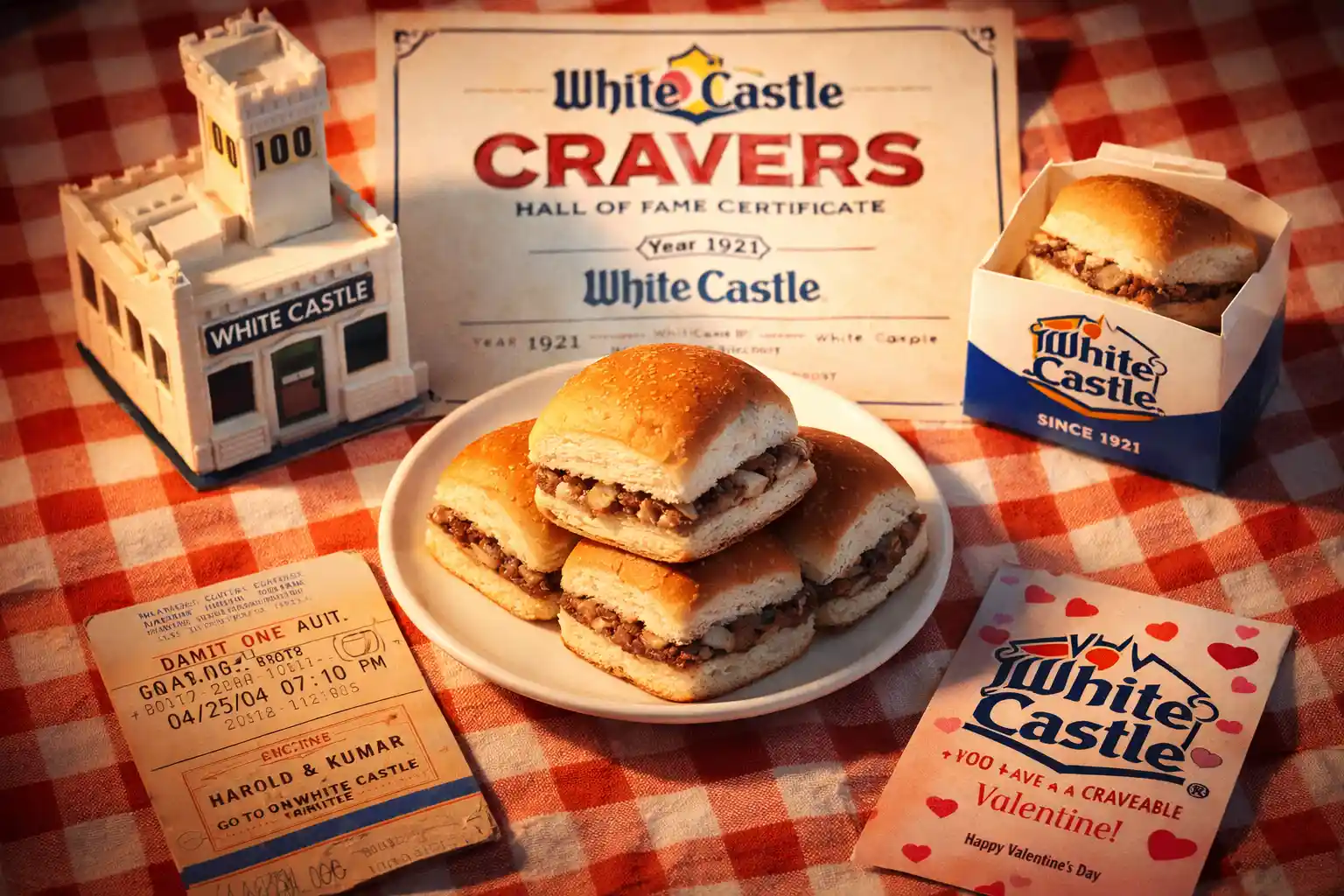 A stack of White Castle sliders with their five holes, surrounded by a castle model, movie ticket, and Valentine's card, symbolizing its iconic history and culture.