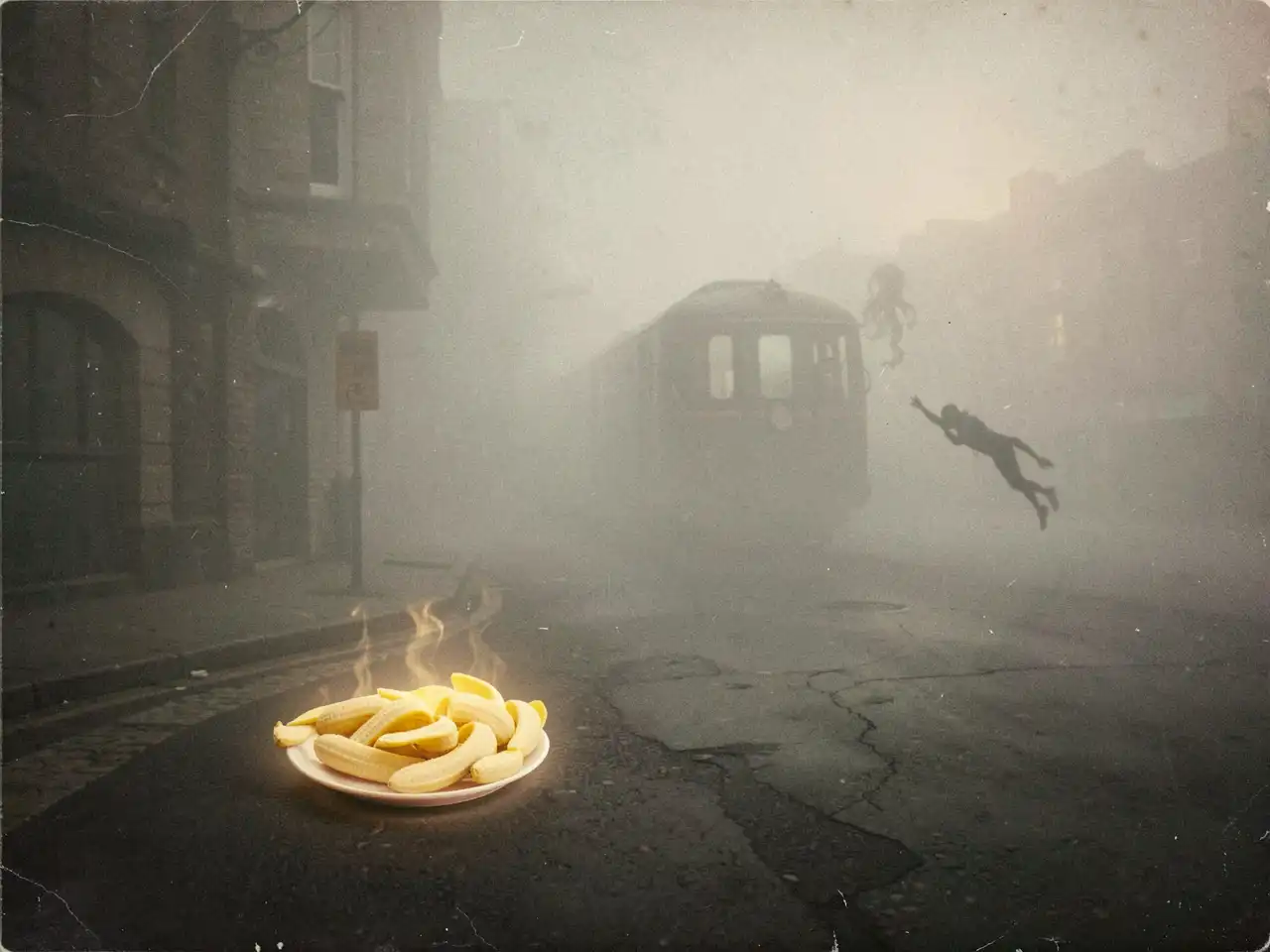 A surreal, foggy street corner with a glowing plate of peeled bananas, and ghostly silhouettes of a subway train and an octopus in the background
