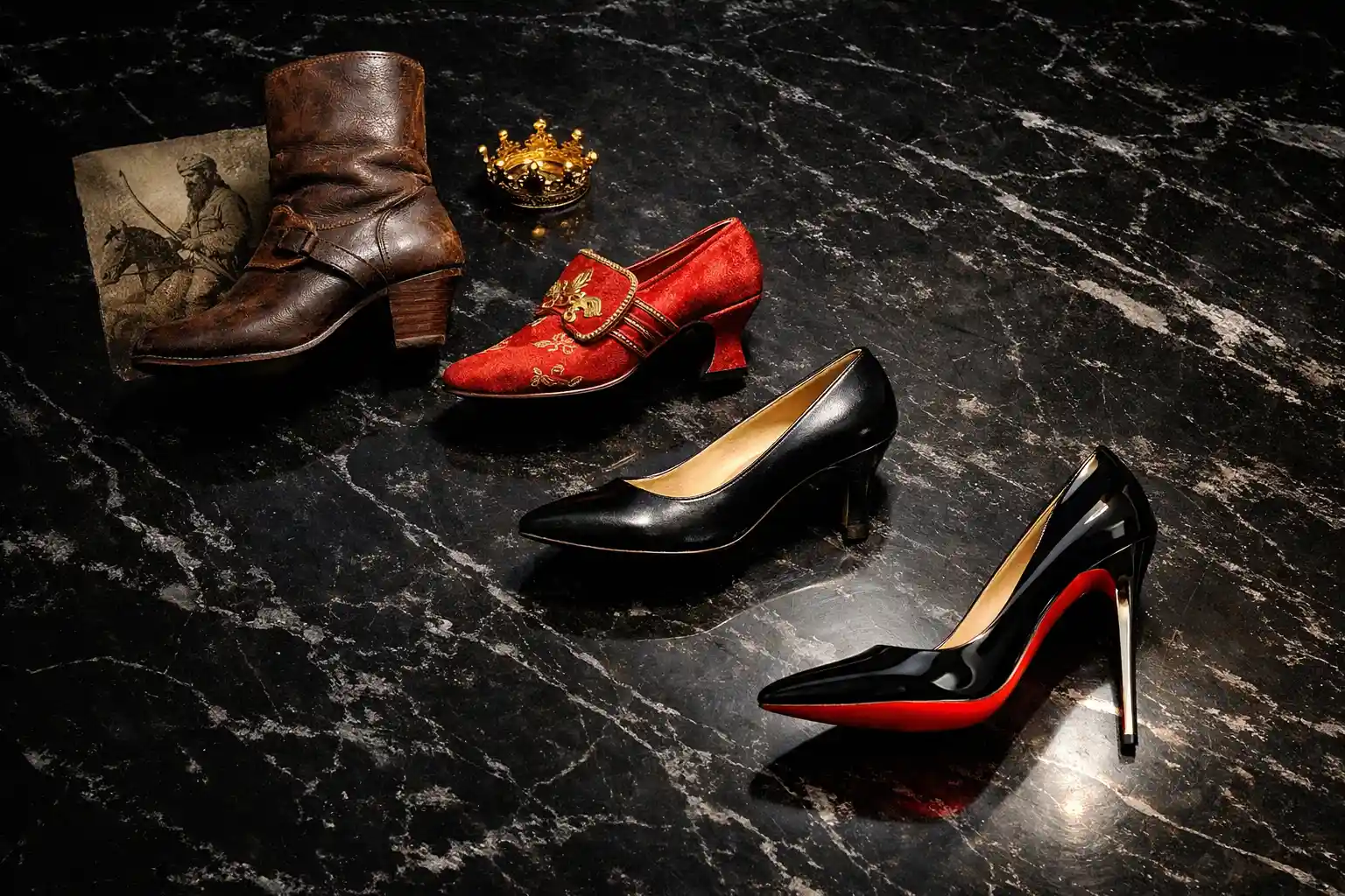 A timeline of heel styles from a sturdy cavalry boot to a sleek red-soled stiletto, symbolizing the rich history and evolution of high heels.