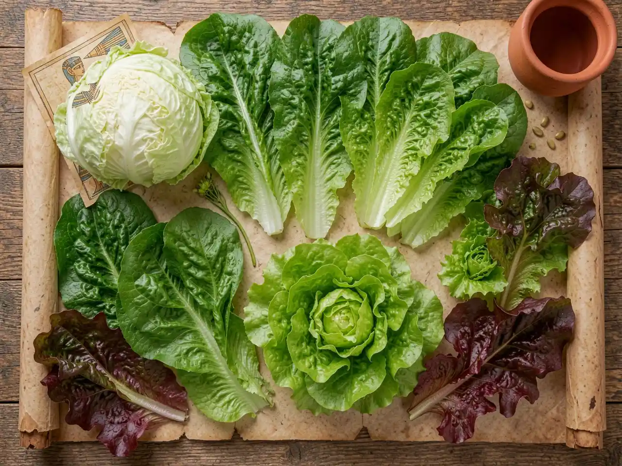 A vibrant array of diverse lettuce varieties arranged on wood with an ancient Egyptian motif, symbolizing its rich history and global journey.