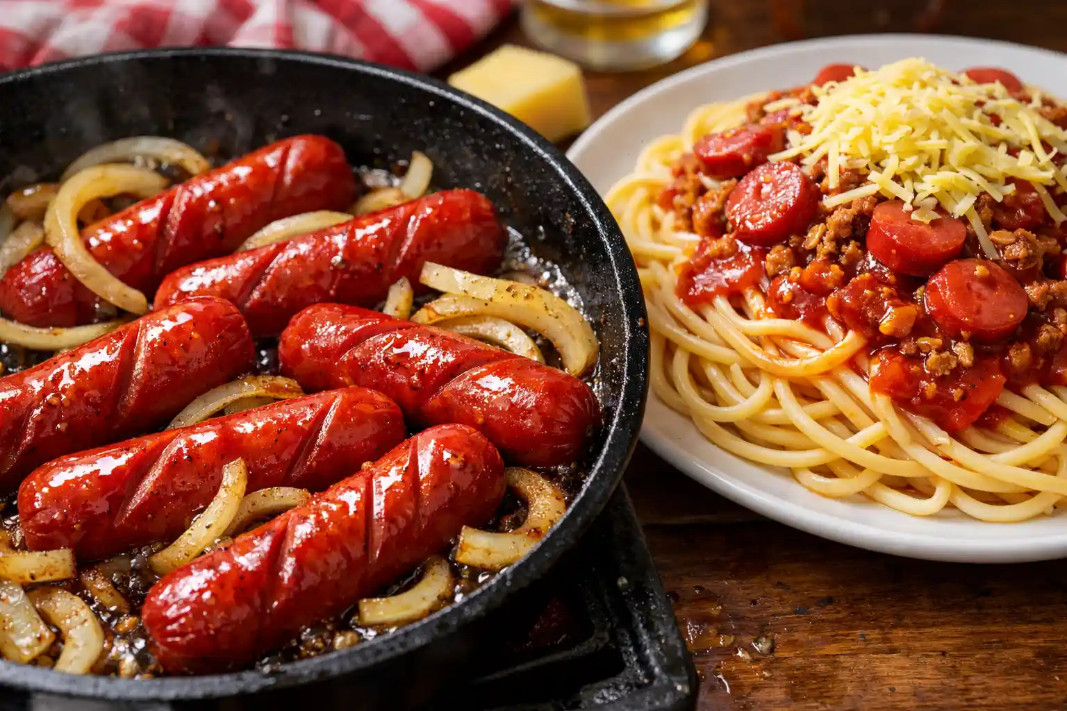 Sizzling red Philippines hot dogs cooking in a pan with Filipino spaghetti in the background.