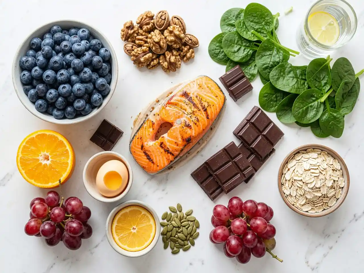 A vibrant flat lay of blueberries, salmon, walnuts, leafy greens, dark chocolate, and oats, symbolizing delicious superfoods for memory and focus.