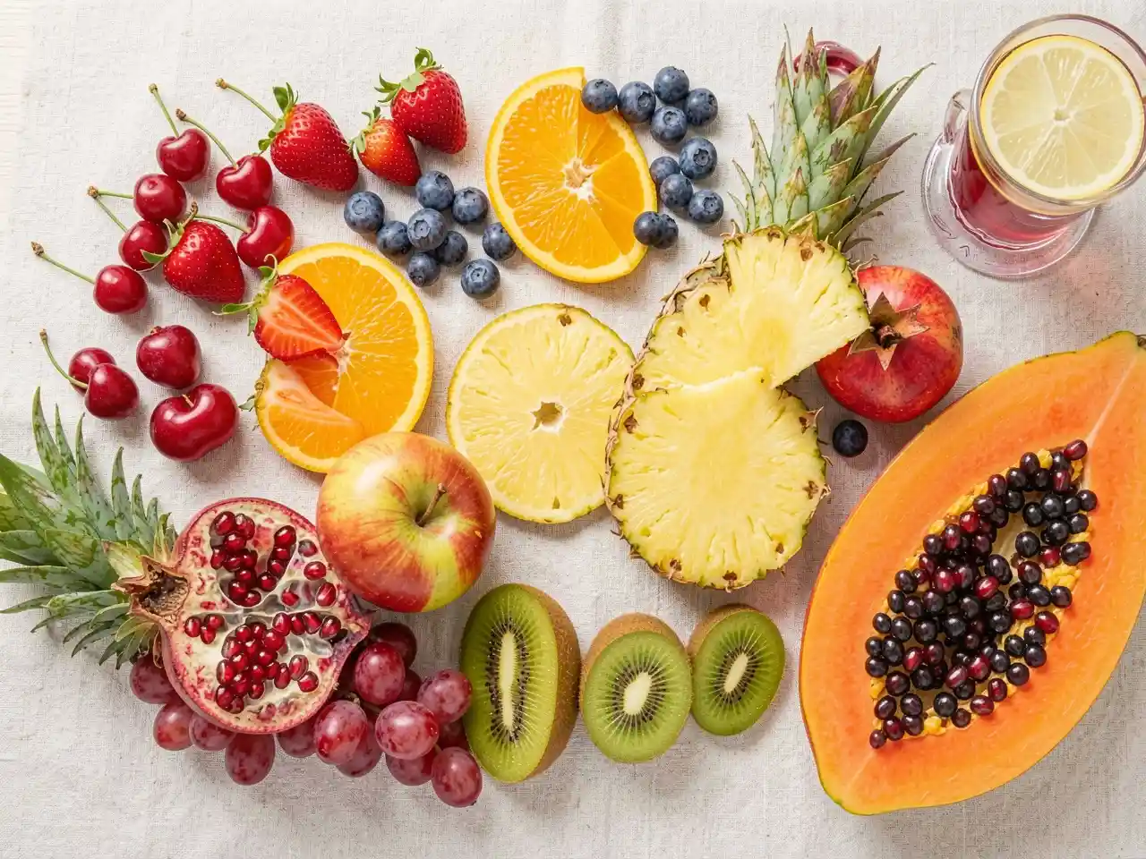 A vibrant flat lay of cherries, berries, citrus, pineapple, and pomegranate, symbolizing delicious, anti-inflammatory fruits for arthritis relief.