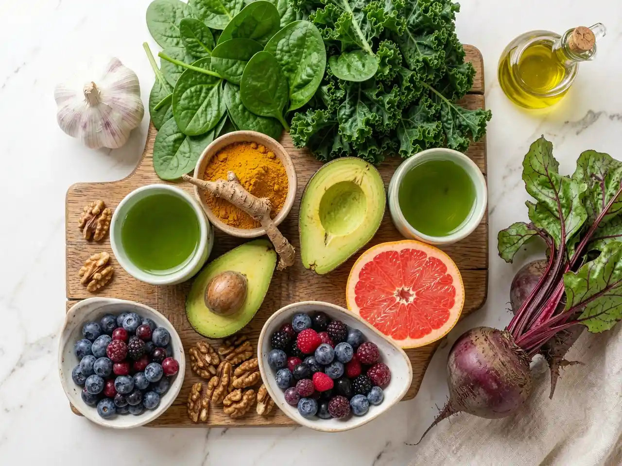 A vibrant flat lay of garlic, leafy greens, turmeric, avocado, walnuts, grapefruit, berries, beet, and olive oil, symbolizing delicious foods for natural liver health.