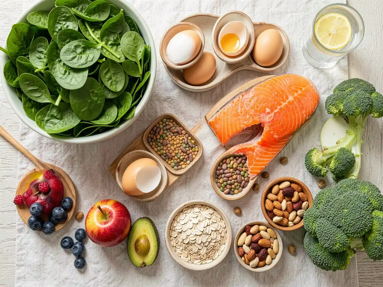 A vibrant flat lay of leafy greens, salmon, eggs, beans, apple, avocado, berries, and nuts, symbolizing nourishing foods for natural weight loss.