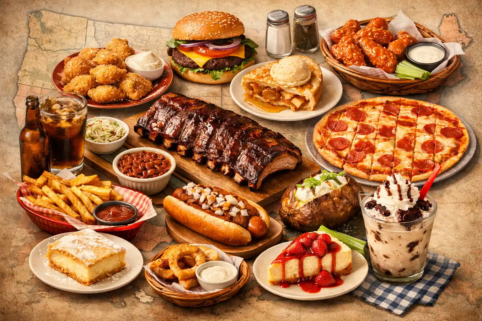 Iconic foods from across the United States arranged over a map