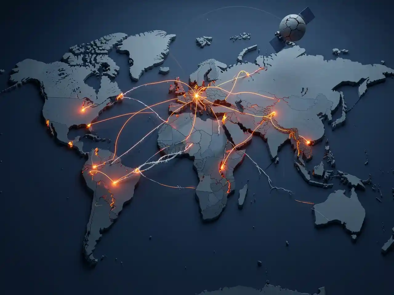 A world map with highlighted geopolitical flashpoints and fragile network lines, symbolizing the interconnected risks that could ignite global conflict.
