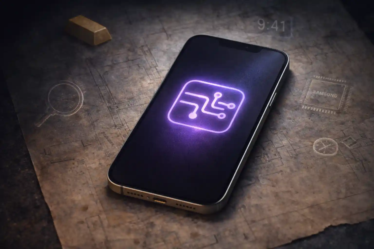 An iPhone on a schematic blueprint with a glowing purple graphic, a gold bar, and a 9:41 clock, symbolizing its secret history and surprising facts.