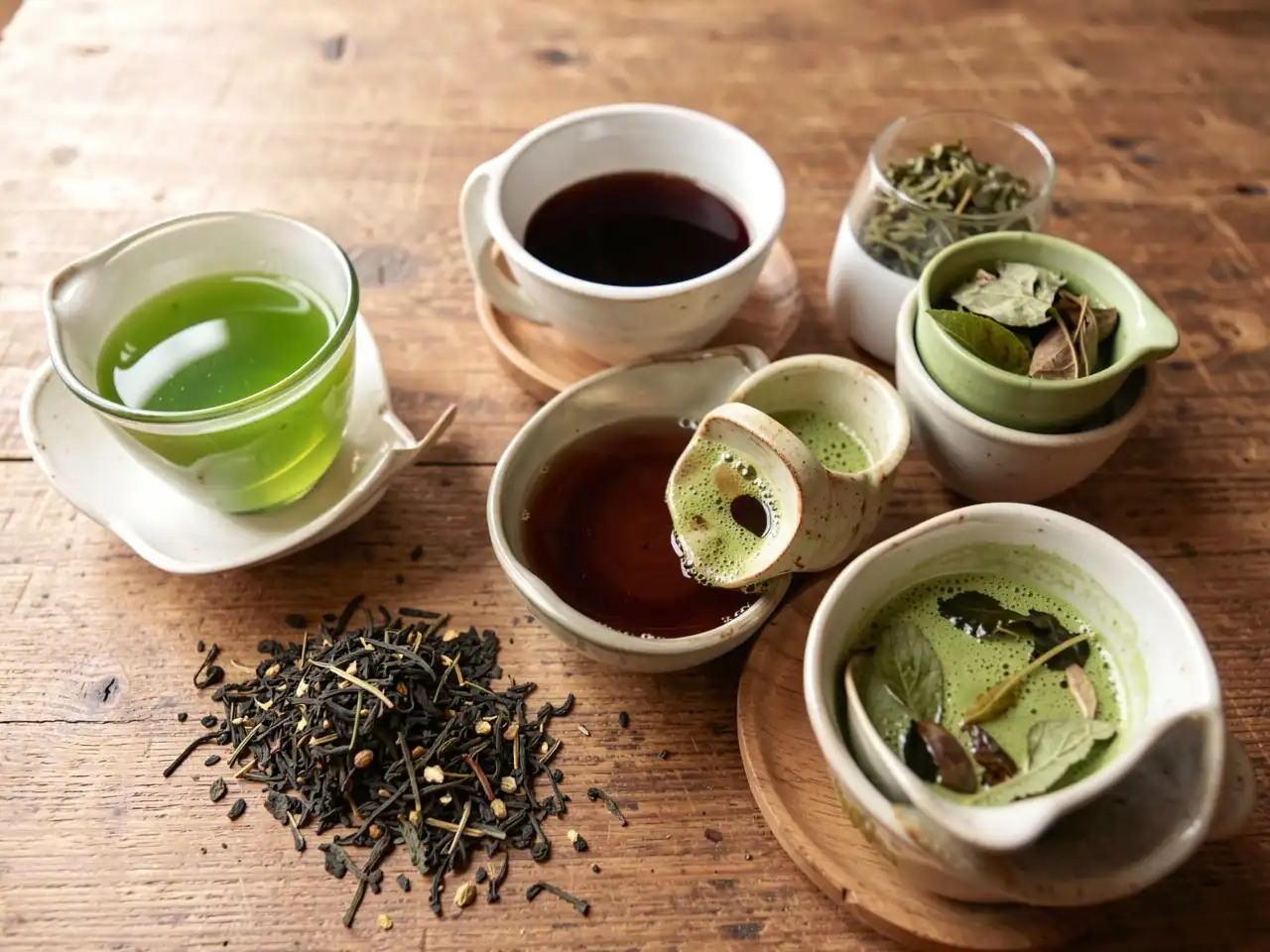 Assorted tea varieties including green tea black tea matcha and herbal tea in cups