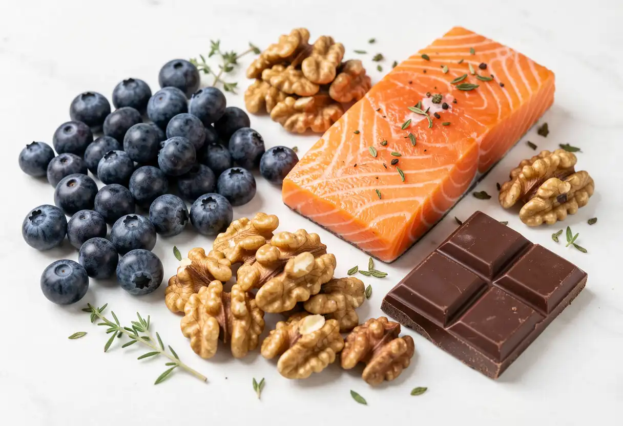Assortment of brain-boosting superfoods including blueberries, walnuts, salmon, and dark chocolate