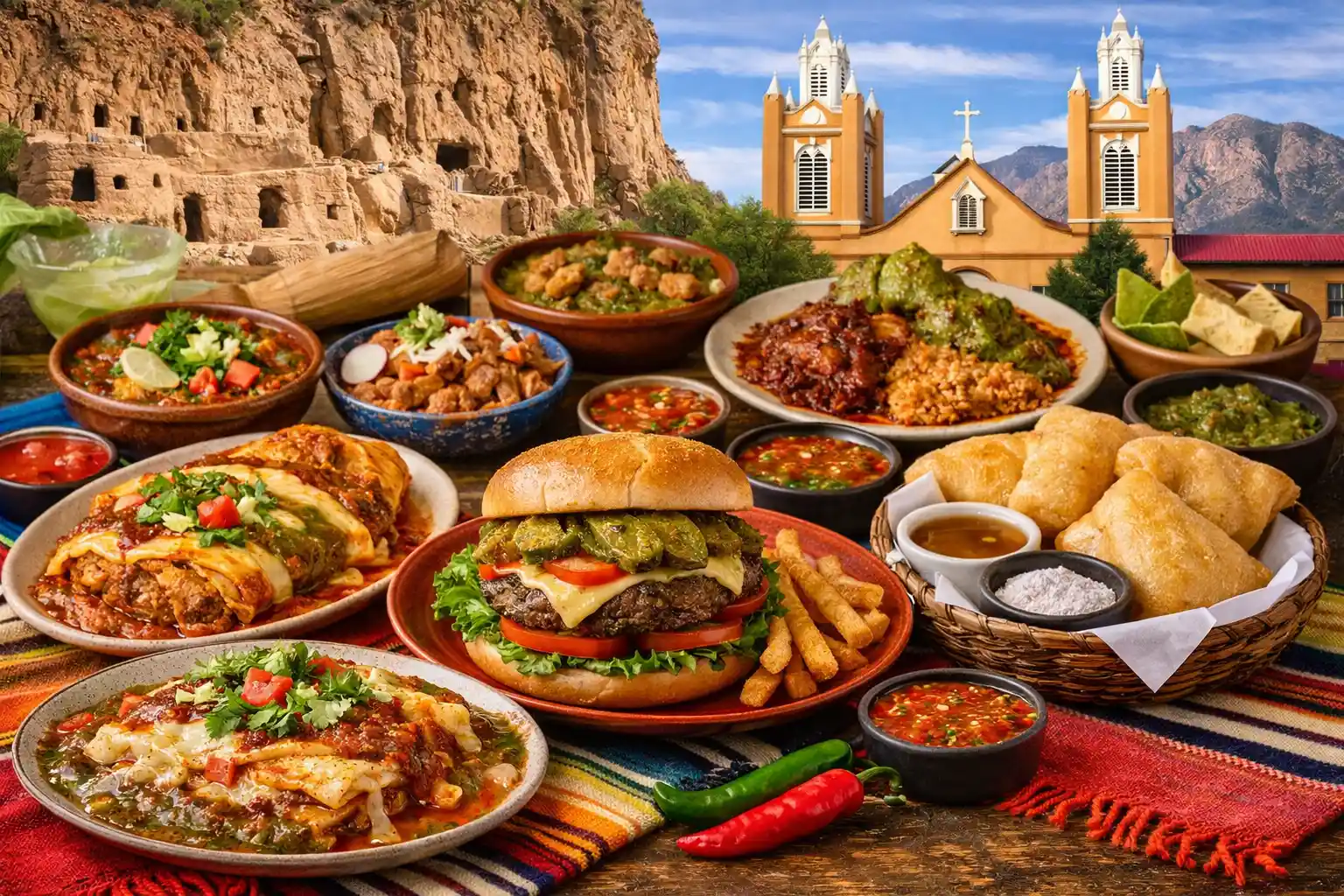 Authentic New Mexico food spread with chile dishes and traditional meals