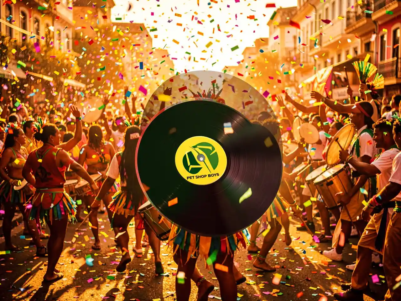 Colorful Brazilian carnival scene with confetti and drums, Pet Shop Boys logo on a vinyl in foreground