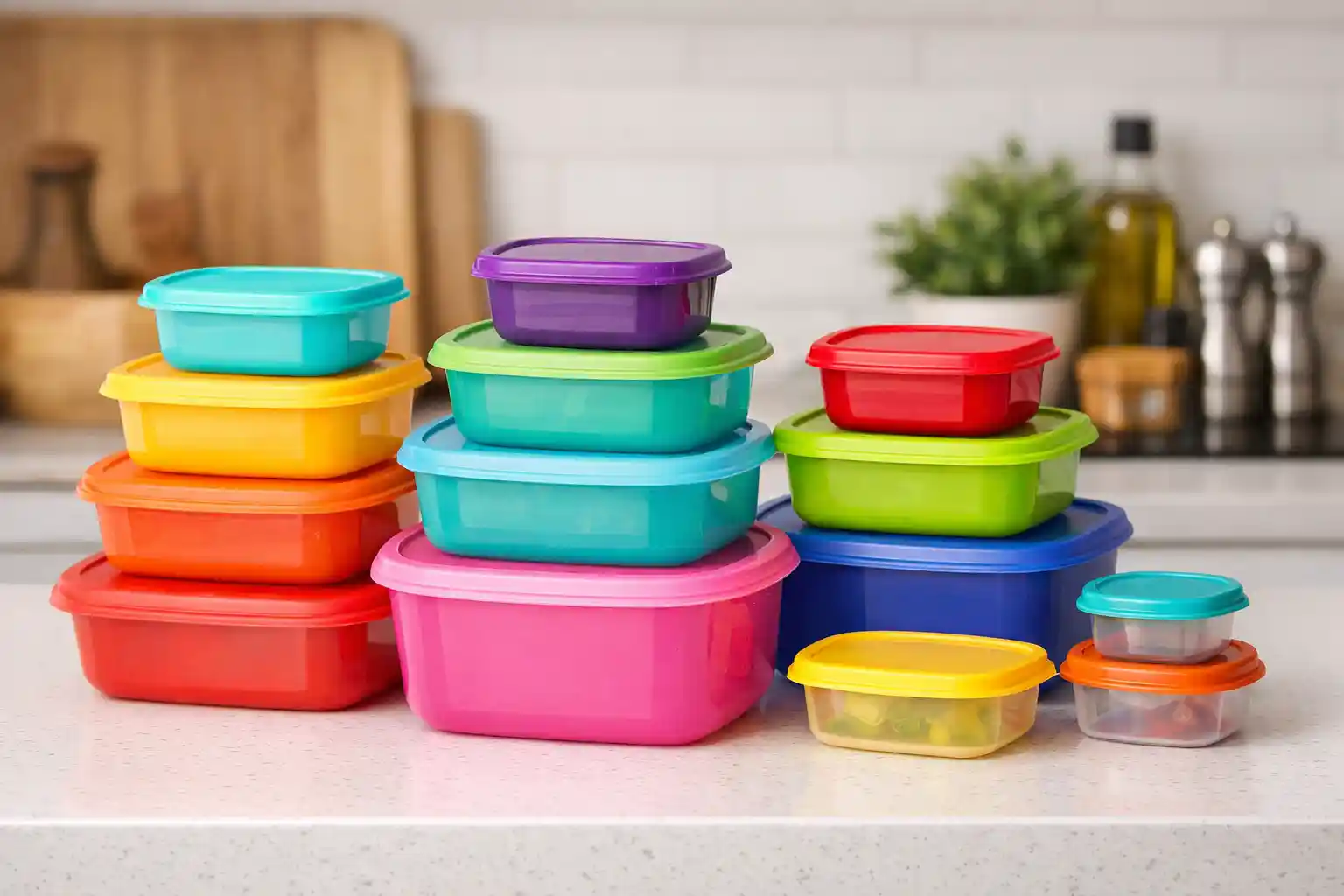 Colorful Tupperware containers neatly stacked on kitchen counter