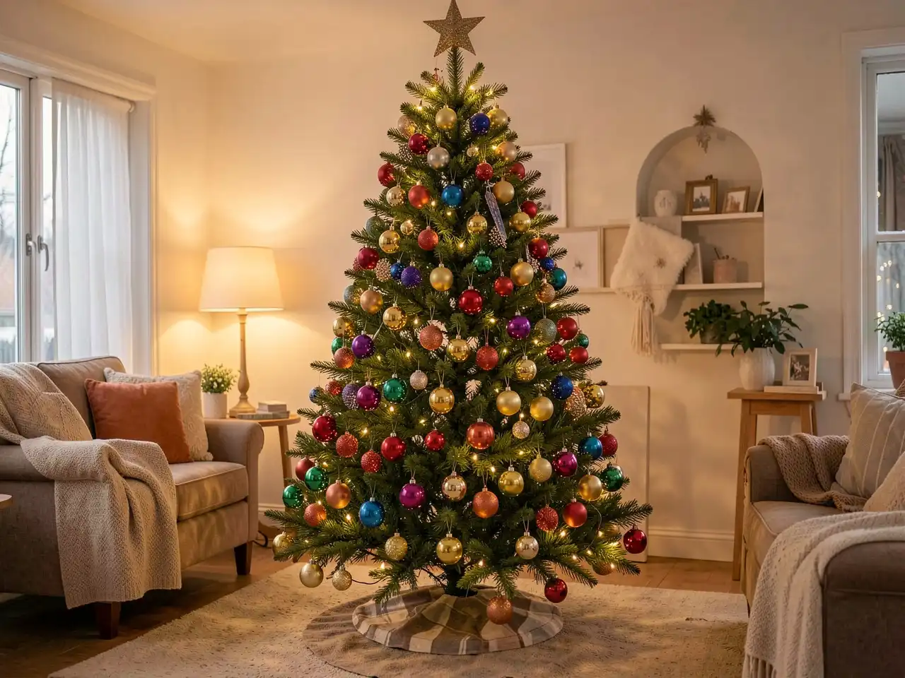 Cozy living room with a beautifully decorated Christmas tree full of shiny ornaments