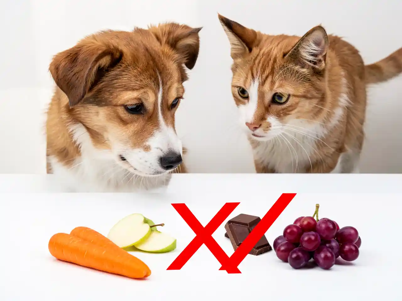 Dog looking at safe treats next to red X over chocolate and grapes