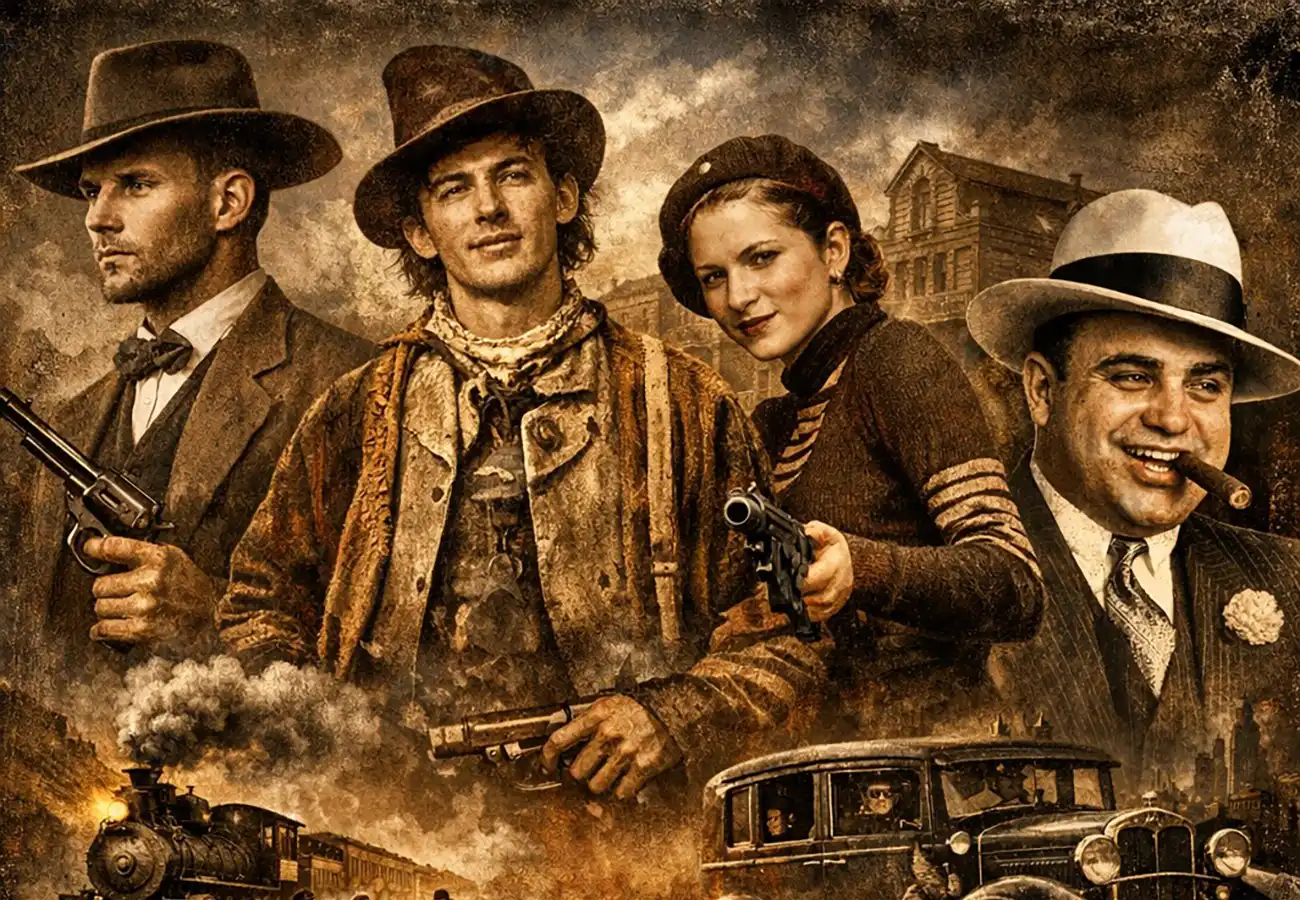 Famous outlaws collage featuring Jesse James Billy the Kid Bonnie and Clyde and Al Capone