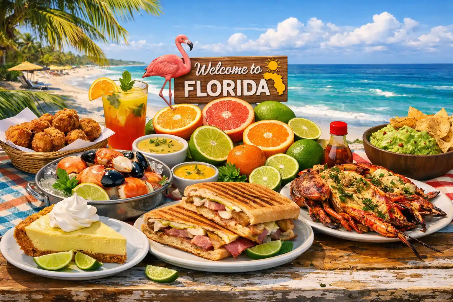 Florida foods displayed on a beach table with ocean view