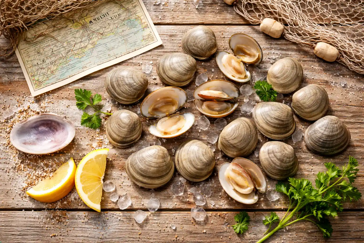 Fresh little neck clams arranged on wood with a map of Little Neck Bay, symbolizing their culinary and historical roots.