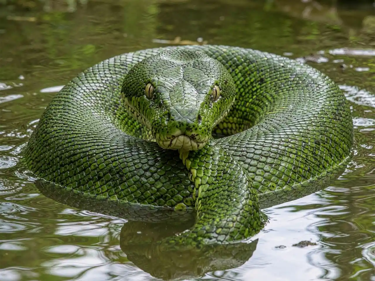 Massive green anaconda partially submerged with eyes above water