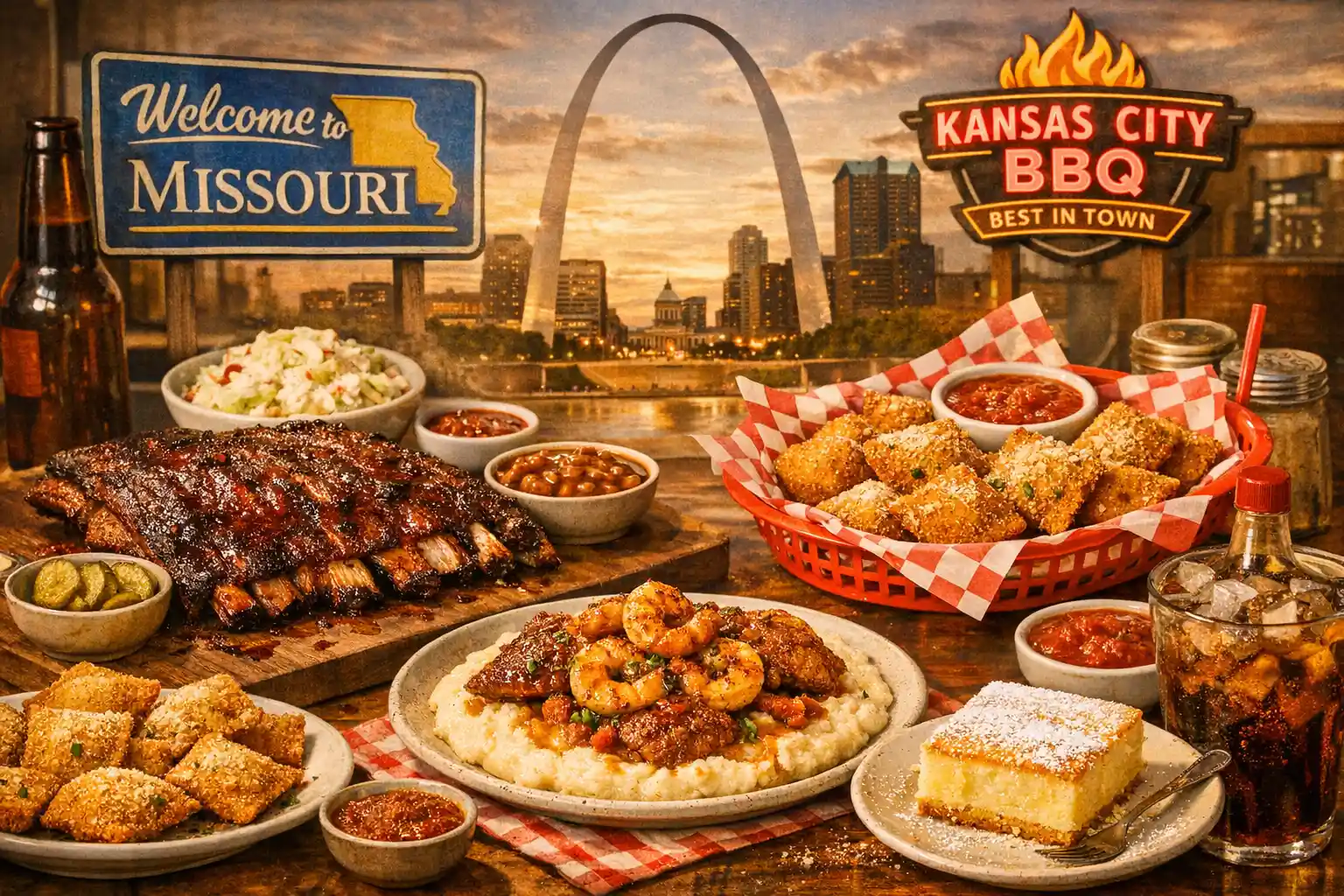 Iconic Missouri foods collage showcasing barbecue and local specialties