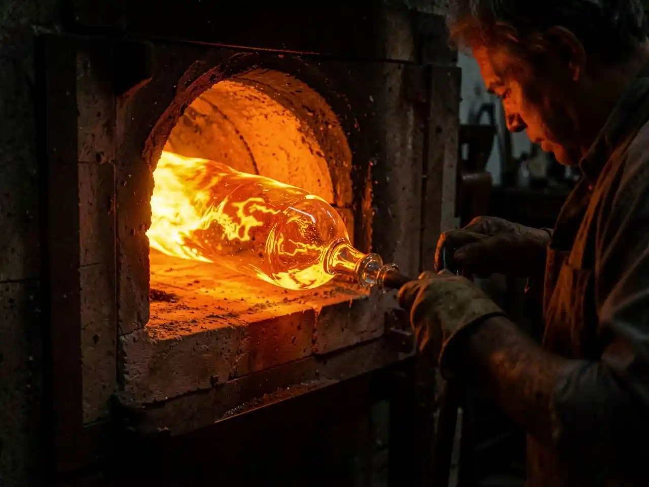 Molten glass being shaped during traditional glassblowing process